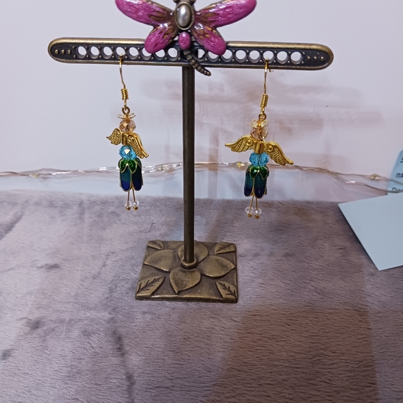 NEW Dancing Angel Earrings, Gold tone with blue enamel - Picture 2 of 3